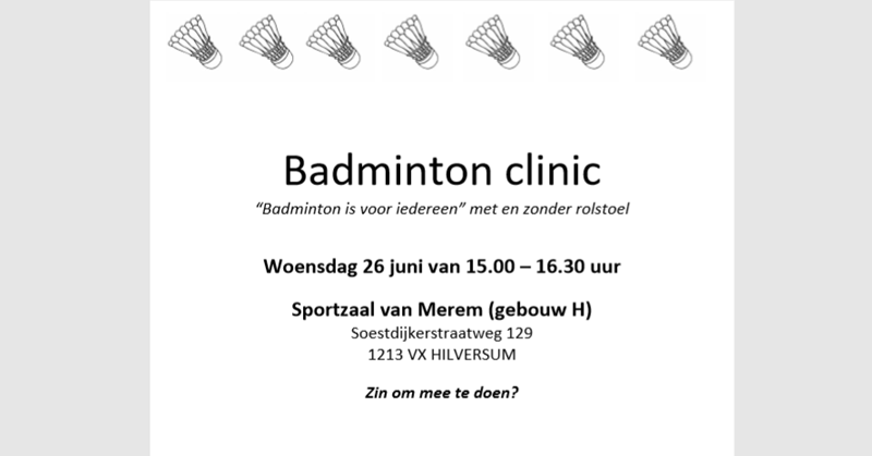 Badmintonclinic woensdag 26 juni bij Merem Hilversum afbeelding nieuwsbericht
