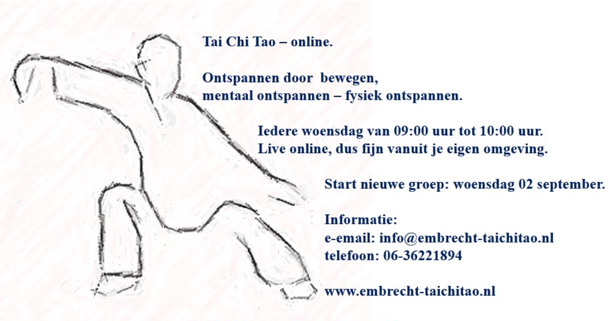 Nieuw aanbod: Tai Chi Tao - live online vanuit je eigen omgeving! afbeelding nieuwsbericht Nieuw aanbod: Tai Chi Tao - live online vanuit je eigen omgeving! afbeelding nieuwsbericht