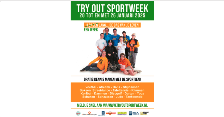 Probeer gratis sporten uit tijdens de Try Out Sportsweek van 20 tot 26 januari in Midden-Brabant afbeelding nieuwsbericht Probeer gratis sporten uit tijdens de Try Out Sportsweek van 20 tot 26 januari in Midden-Brabant afbeelding nieuwsbericht
