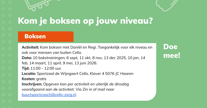 Kom boksen op de Wijngaert bij Cello! afbeelding nieuwsbericht Kom boksen op de Wijngaert bij Cello! afbeelding nieuwsbericht